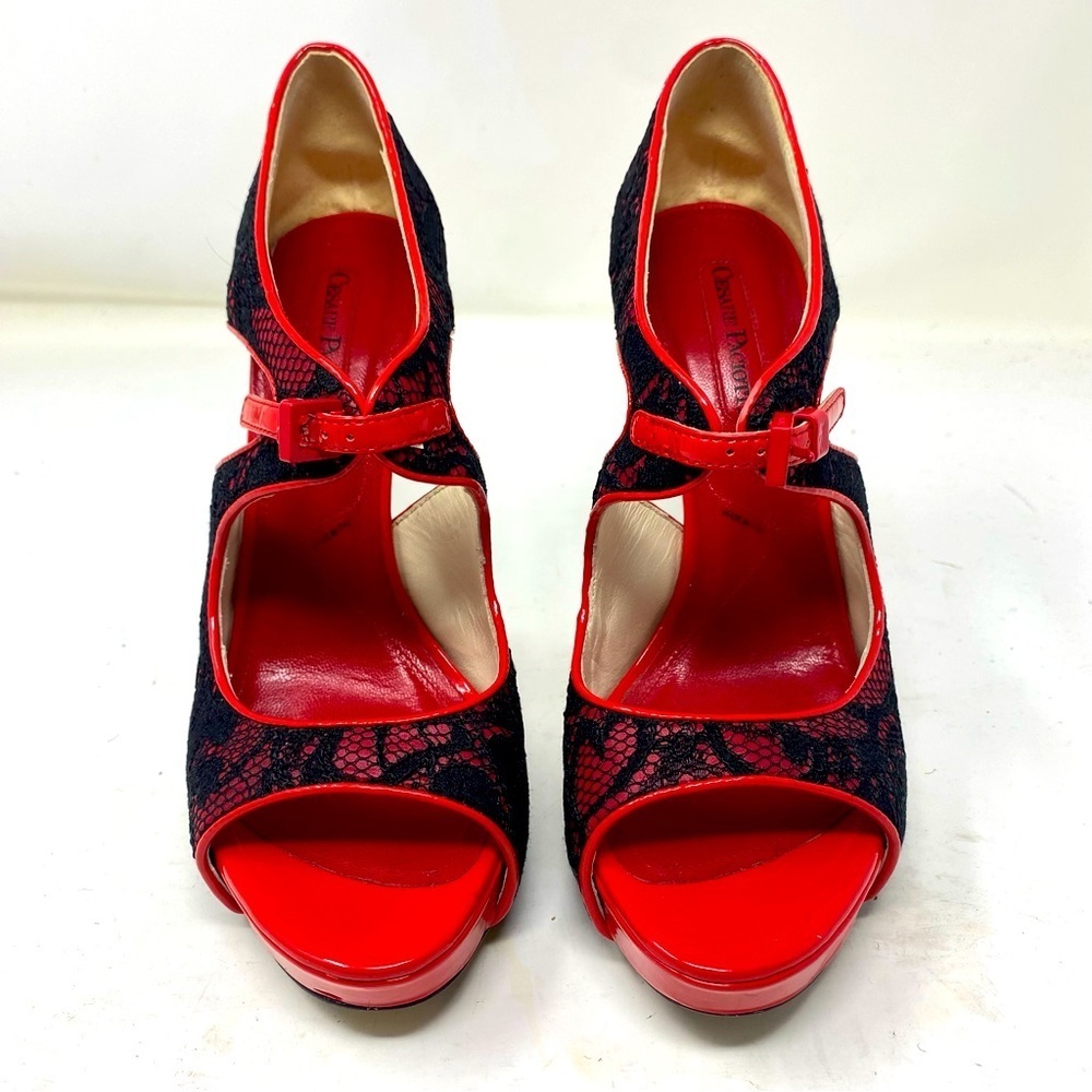 - Cesare Paciotti Red Black Lace Pumps Heels Shoes Open Toe